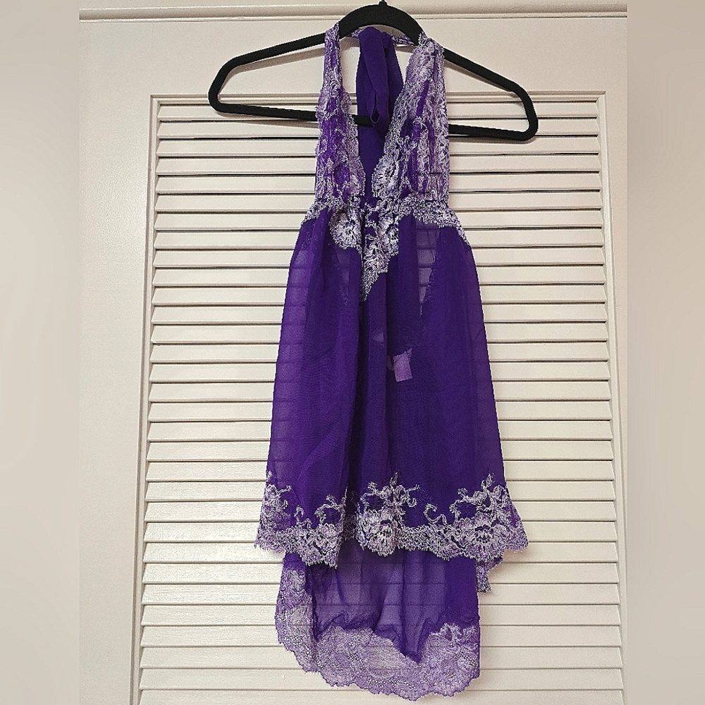 Victoria's Secret - Dainty Purple & White Lace Halter Sheer Slip Lingerie Top